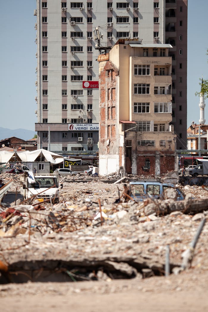 Home A demolished urban area with debris in Malatya, Türkiye, showcasing aftermath of a calamity.