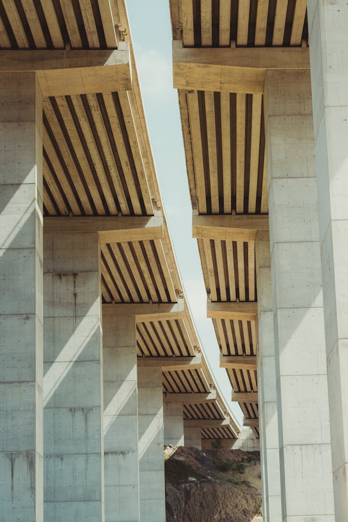 Home Captivating geometric view of modern concrete bridges from underneath, showcasing architecture.